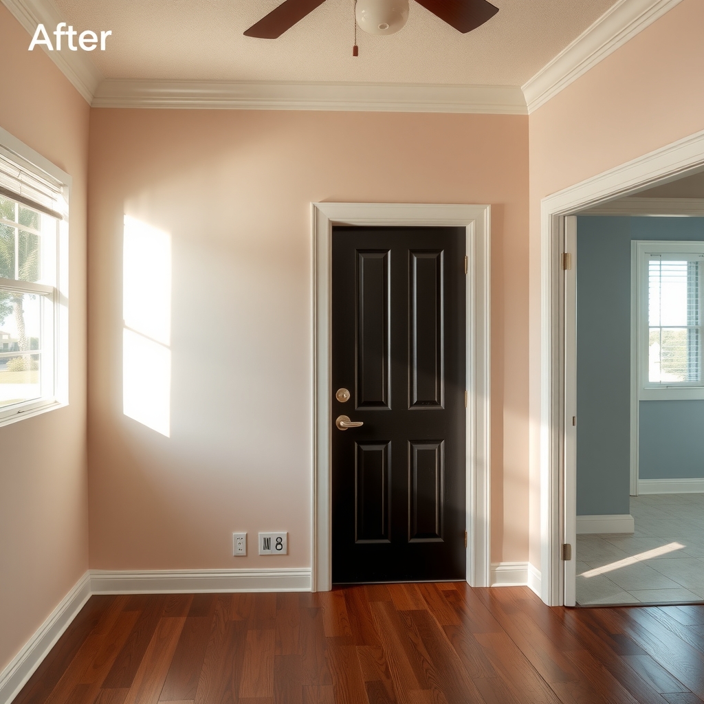 Illustrative completed scope: smooth walls, clean trim, aligned door.
