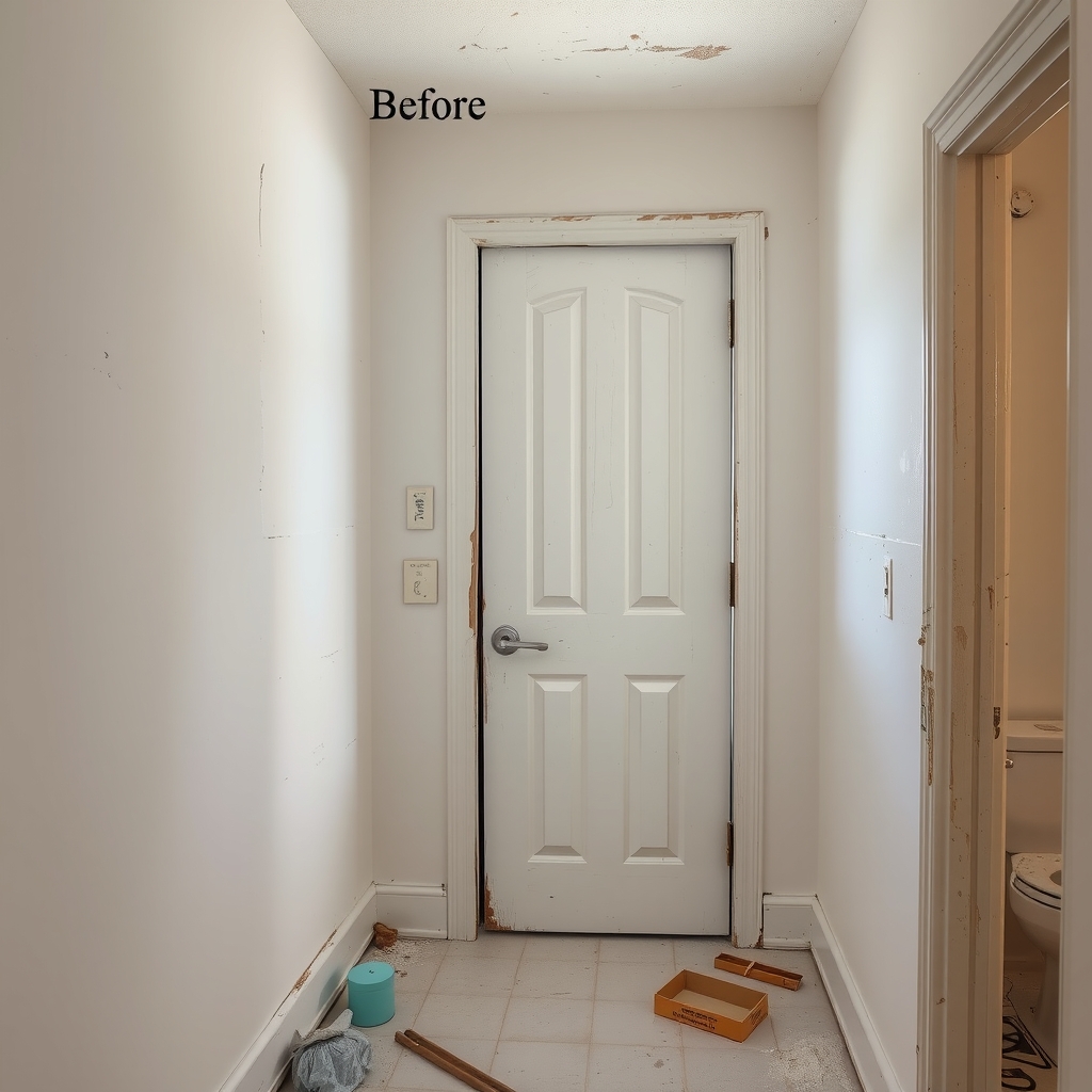 Illustrative repair intake: damaged drywall, scuffed trim, dated door.